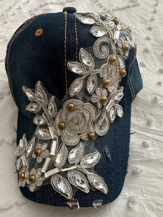 Embellished Denim Cap Jeweled Floral Appliqué Boutique Hat main image 5